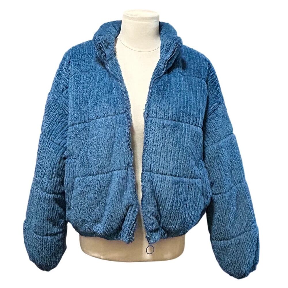 Wild Fable Blue Teddy Sherpa Puffer Jacket Women's Faux Fur Zip Coat - Picture 2 of 8
